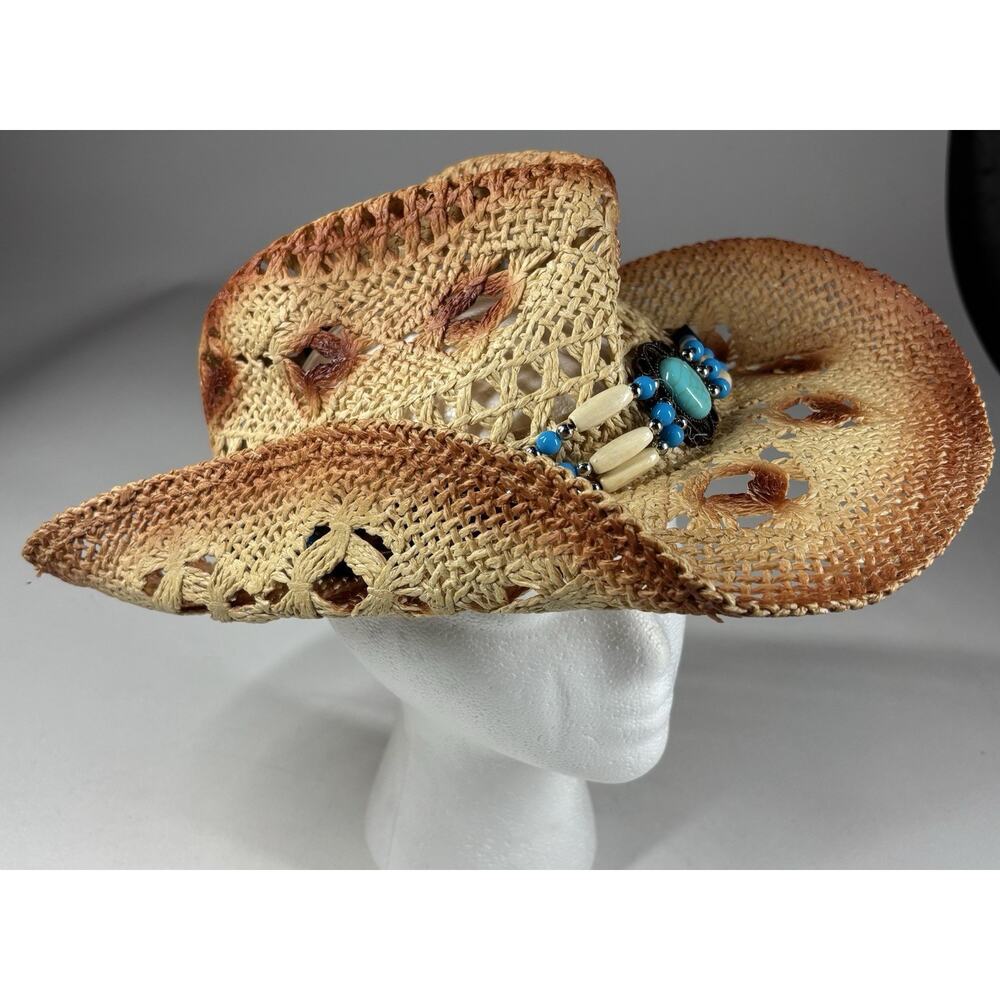 Fluffy Sense Straw Cowboy Hat Women Western Boho Turquoise Beaded Festival NWT - Picture 2 of 10